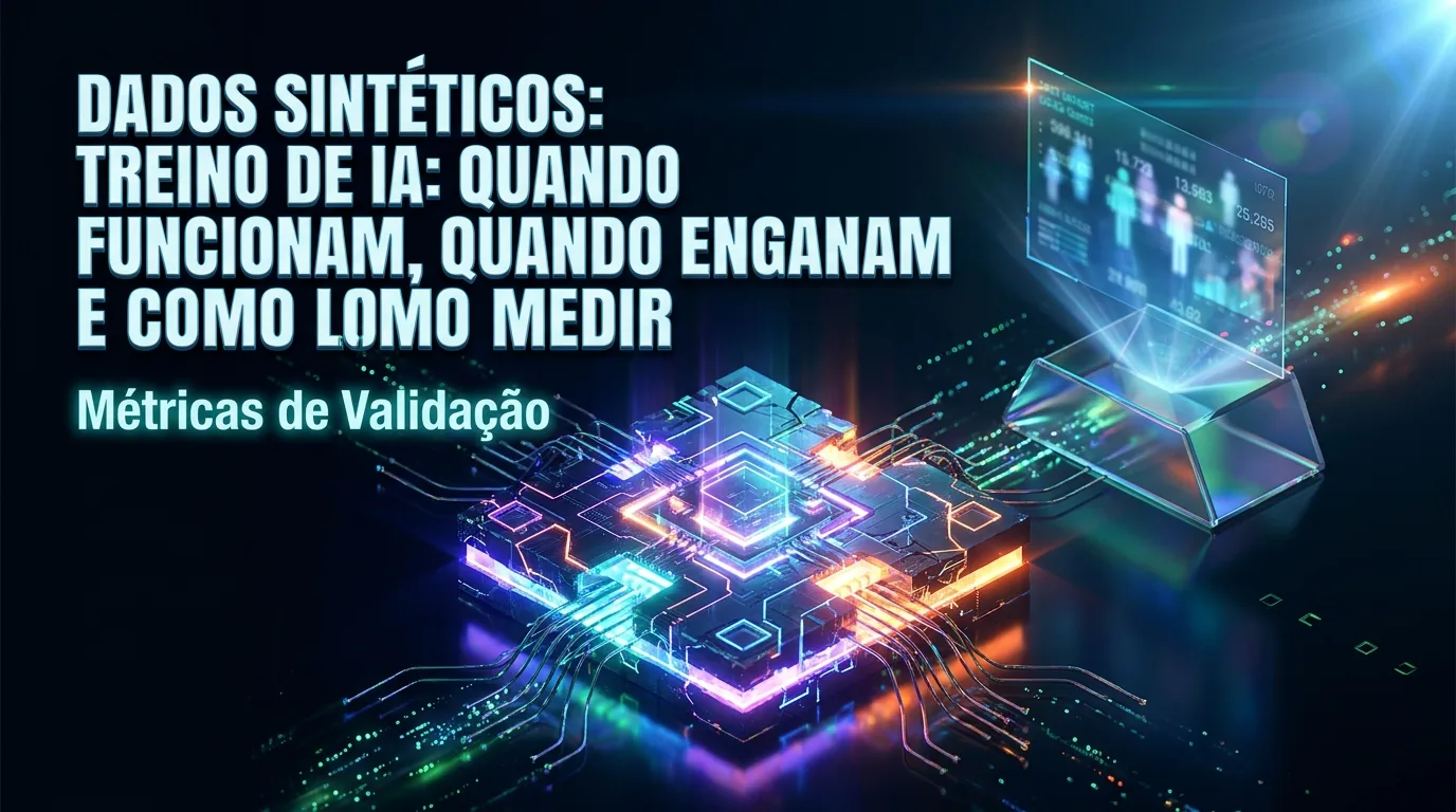 Ilustração editorial do SyntaxLab sobre Dados sintéticos para treino de IA: quando funcionam, quando enganam e como medir