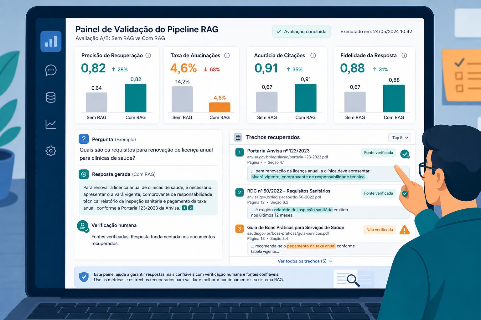 Painel de validação do RAG mostrando métricas: comparação A/B, precisão de recuperação, taxa de alucinações e verificação humana.