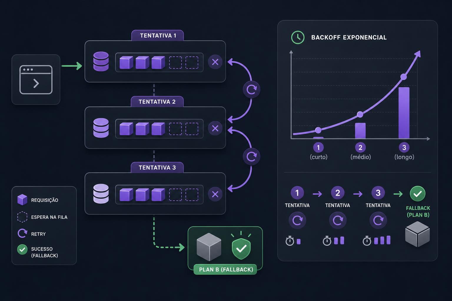 Infográfico mostrando fila de requisições, setas de retry e curva de backoff exponencial com ícone de fallback.