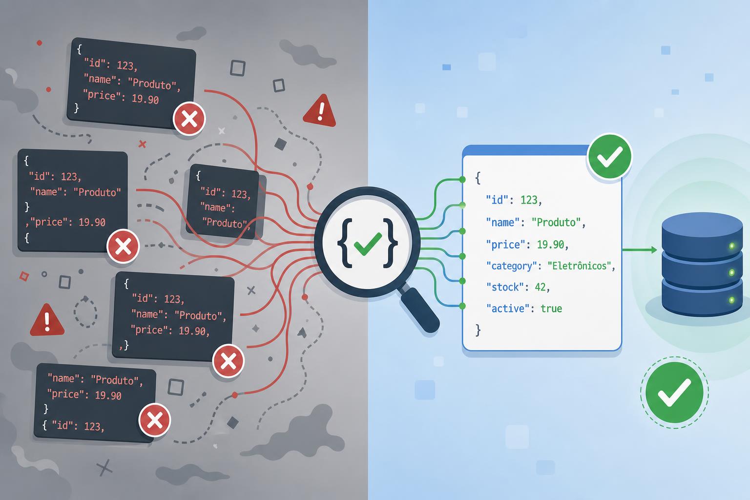Comparação lado a lado: JSON desordenado e com erros à esquerda e JSON validado com marcas verdes à direita, fluxo para um banco de dados.