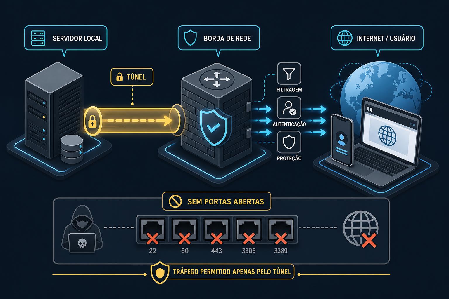 Diagrama isométrico do fluxo: servidor faz conexão de saída para nuvem, firewall fechado, usuário acessando via smartphone