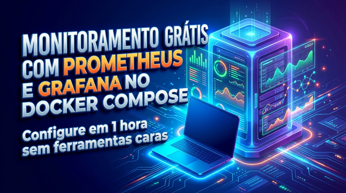 Ilustração editorial do SyntaxLab sobre Monitoramento de graça: Prometheus e Grafana com Docker Compose