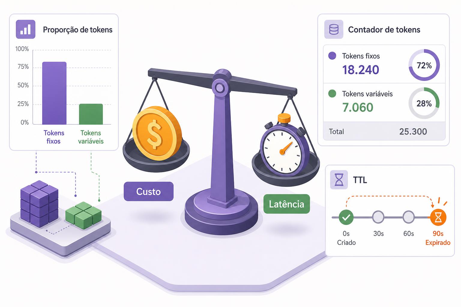 Ilustração de balança comparando custo e latência, gráficos de barras, contador de tokens e cronômetro mostrando trade-offs.