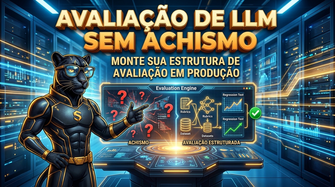 Ilustração editorial do SyntaxLab sobre Como avaliar respostas de LLM em produção sem depender de achismo