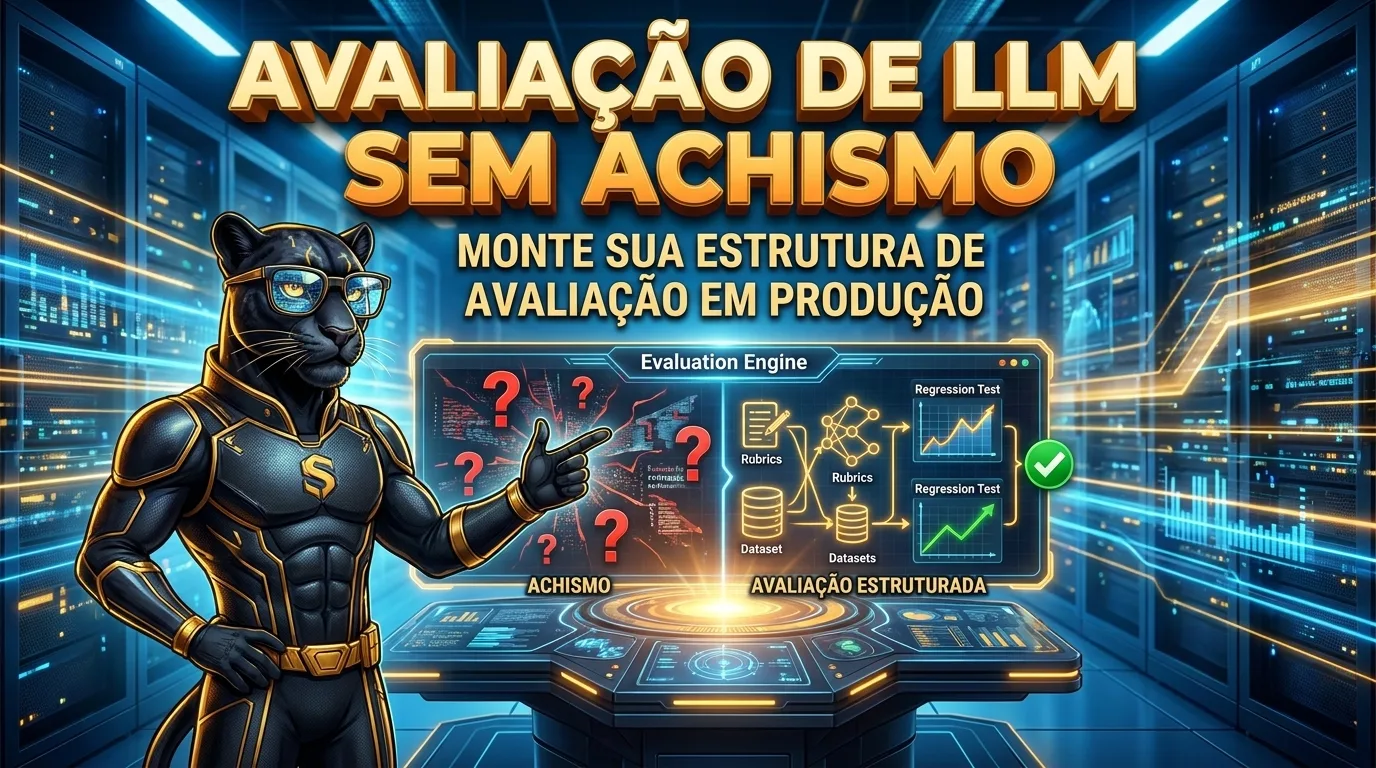 Como avaliar respostas de LLM em produção sem depender de achismo | SyntaxLab Ilustração editorial do SyntaxLab sobre Como avaliar respostas de LLM em produção sem depender de achismo