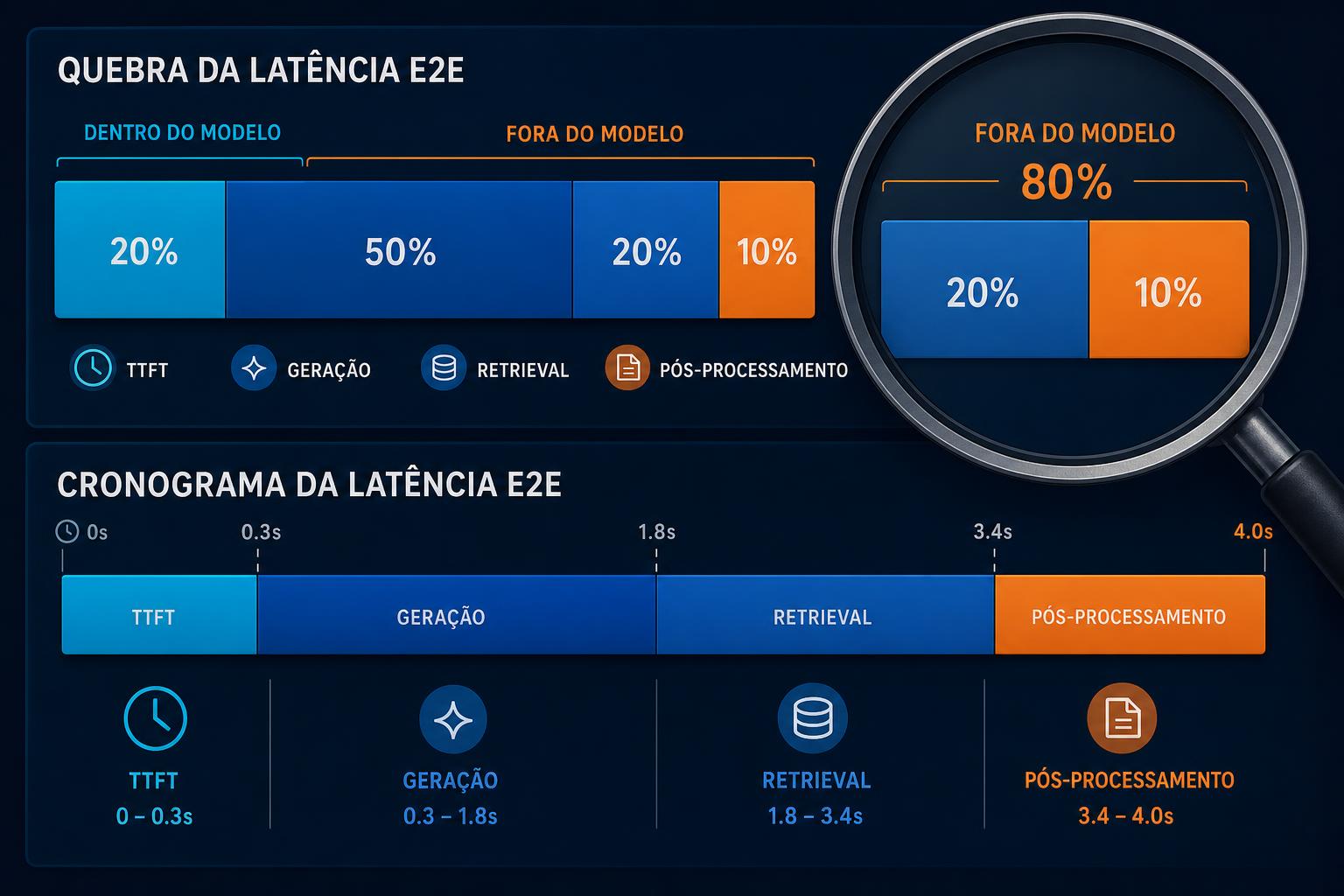 Infográfico com barras empilhadas e lupa mostrando a quebra de latência E2E em TTFT, geração, retrieval e pós-processamento.