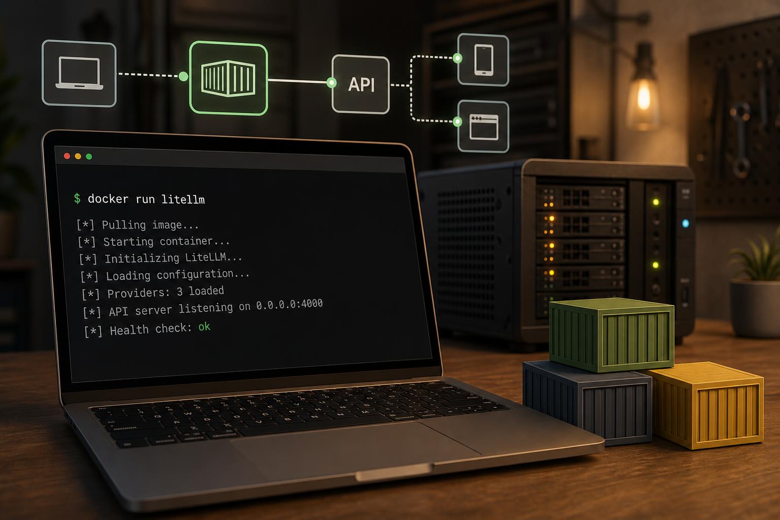 Implantação em homelab: laptop com terminal mostrando 'docker run litellm', contêineres empilhados e pequeno rack ao fundo.