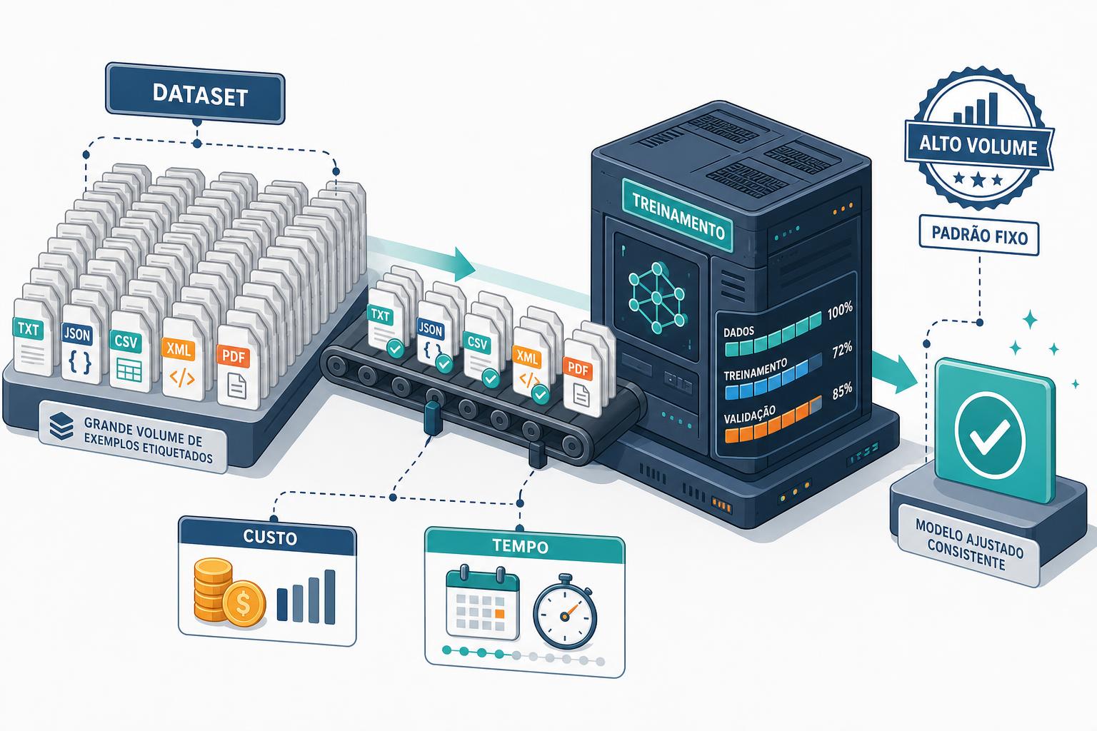 Infográfico isométrico de pipeline de fine-tuning: pilha de documentos etiquetados alimentando servidores com barras de progresso e ícones de custo.