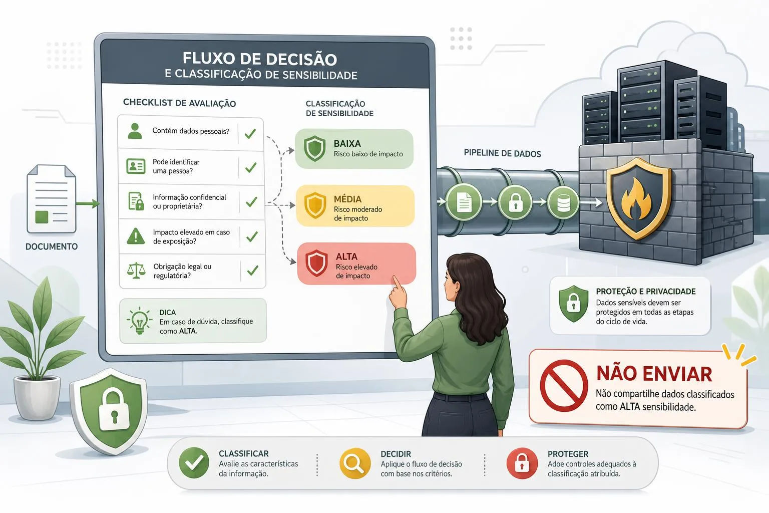 Fluxo ilustrado com checklist de classificação (baixa, média, alta), pessoa marcando tags, servidor com firewall e etiqueta 'não enviar'.