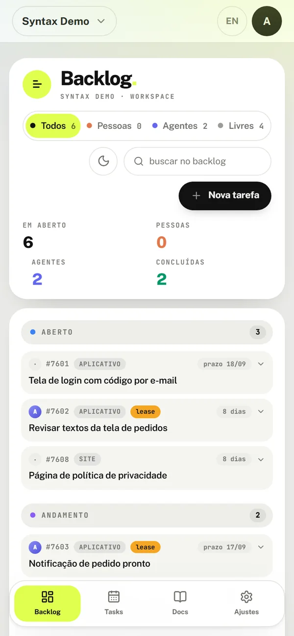 Backlog Syntax no celular: quadro de tarefas com contagem por pessoas e agentes, com dados de demonstração