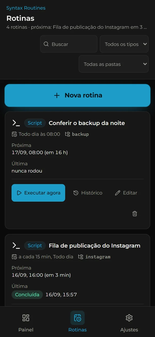 Routines no celular: lista de rotinas agendadas com próxima execução e status, com dados de demonstração