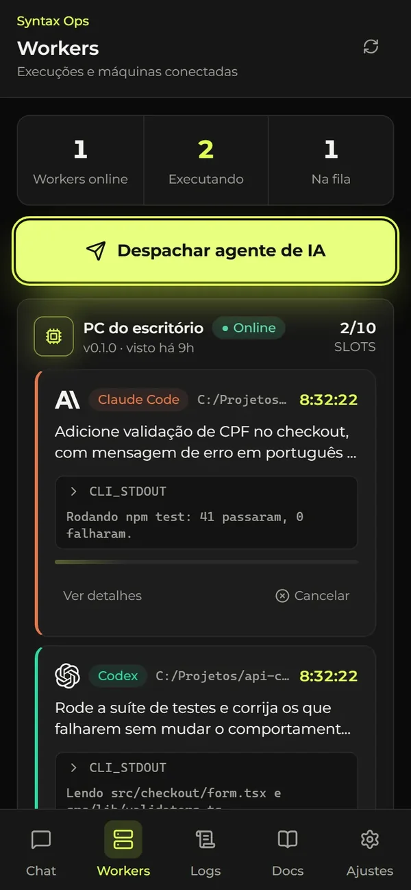 Syntax Ops no celular: workers conectados e tarefas de agentes em execução, com dados de demonstração