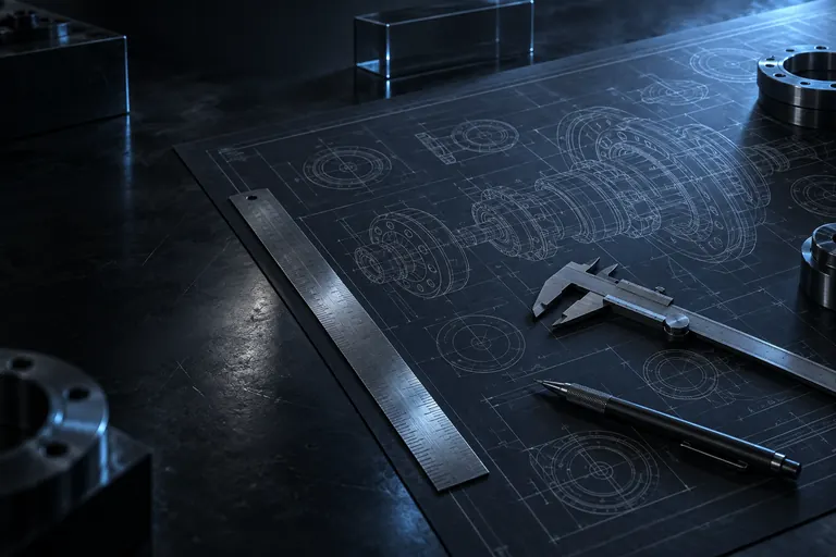 Prancheta com desenho técnico, régua e paquímetro