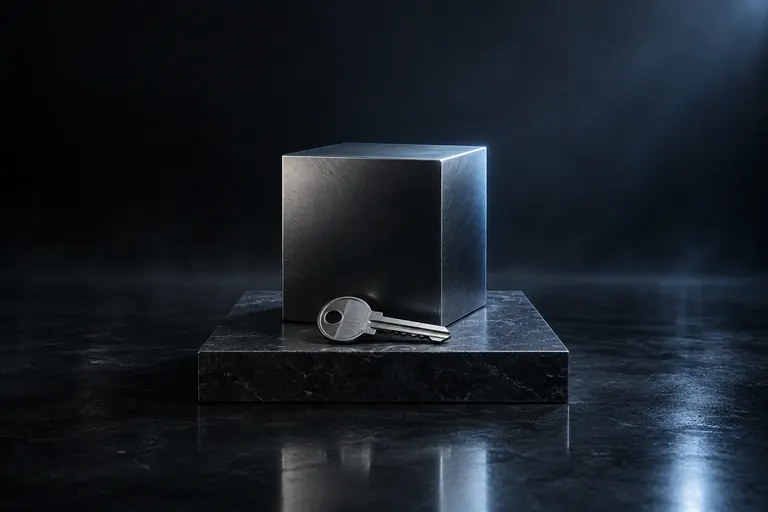 Cubo de aço pronto sobre um pedestal, com a chave na frente