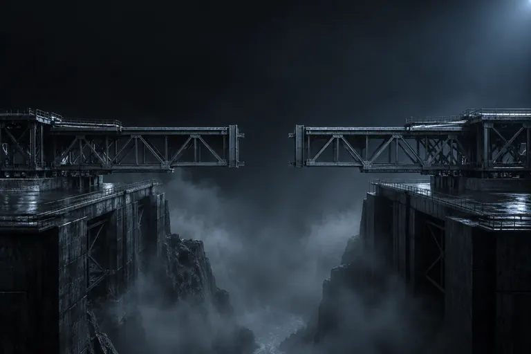 Duas plataformas com uma ponte sendo montada dos dois lados, ainda sem se encontrar