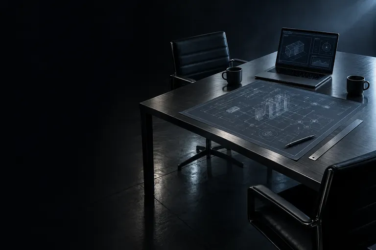 Mesa de reunião de aço com um desenho técnico aberto, um notebook e duas xícaras de café, uma de cada lado